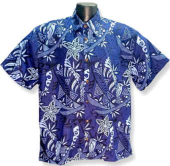 Blue Tribal Tattoo bark cloth Hawaiian shirt- Made in USA